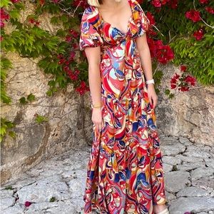 Roma Satin Printed Side Cutout Maxi Dress, Size Small